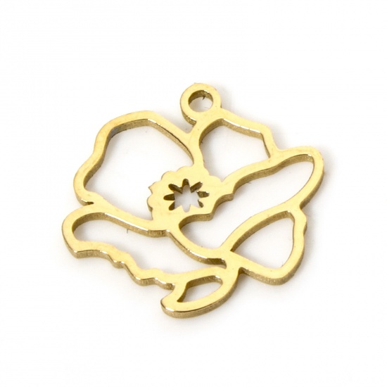 Picture of 2 PCs 304 Stainless Steel Birth Month Flower Charms Gold Plated August Poppy Flower Hollow 13mm x 13mm