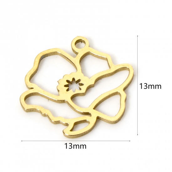 Picture of 2 PCs 304 Stainless Steel Birth Month Flower Charms Gold Plated August Poppy Flower Hollow 13mm x 13mm