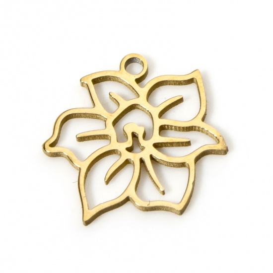 Picture of 2 PCs 304 Stainless Steel Birth Month Flower Charms Gold Plated December Narcissus Flower Hollow 13mm x 12.5mm