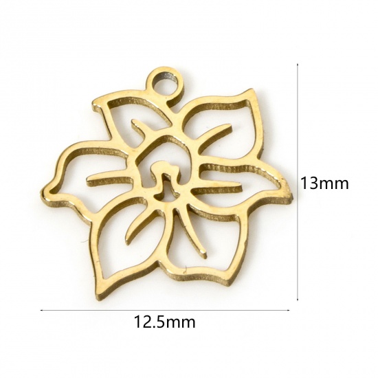 Picture of 2 PCs 304 Stainless Steel Birth Month Flower Charms Gold Plated December Narcissus Flower Hollow 13mm x 12.5mm