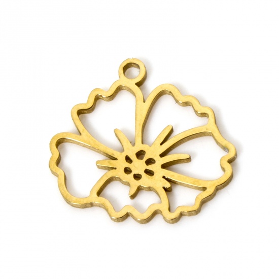 Picture of 2 PCs 304 Stainless Steel Birth Month Flower Charms Gold Plated February Violet Flower Hollow 14mm x 13mm