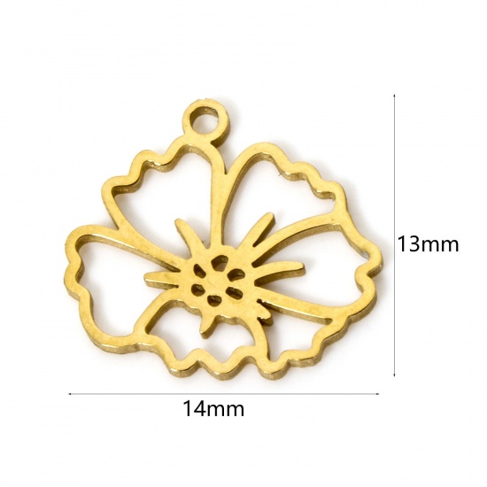 Picture of 2 PCs 304 Stainless Steel Birth Month Flower Charms Gold Plated February Violet Flower Hollow 14mm x 13mm