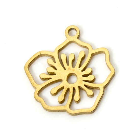 Picture of 2 PCs 304 Stainless Steel Birth Month Flower Charms Gold Plated May Hawthorn Flower Hollow 13mm x 13mm