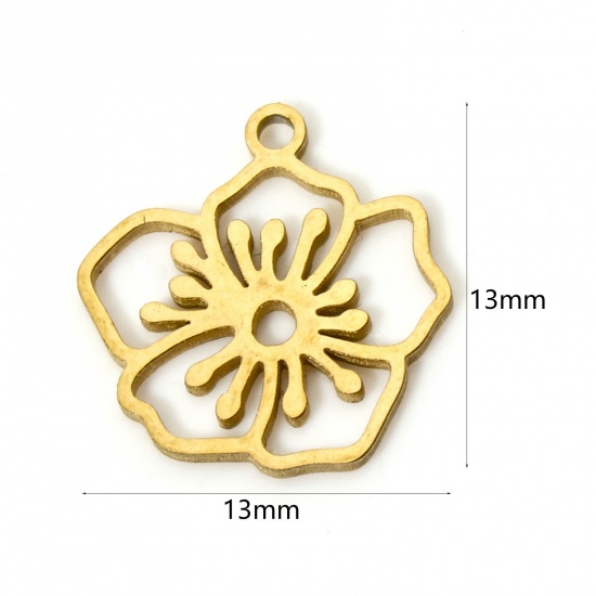 Picture of 2 PCs 304 Stainless Steel Birth Month Flower Charms Gold Plated May Hawthorn Flower Hollow 13mm x 13mm