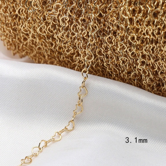 Picture of 1 M Brass Heart Link Chain For Handmade DIY Jewelry Making Findings 18K Gold Plated 3.1mm