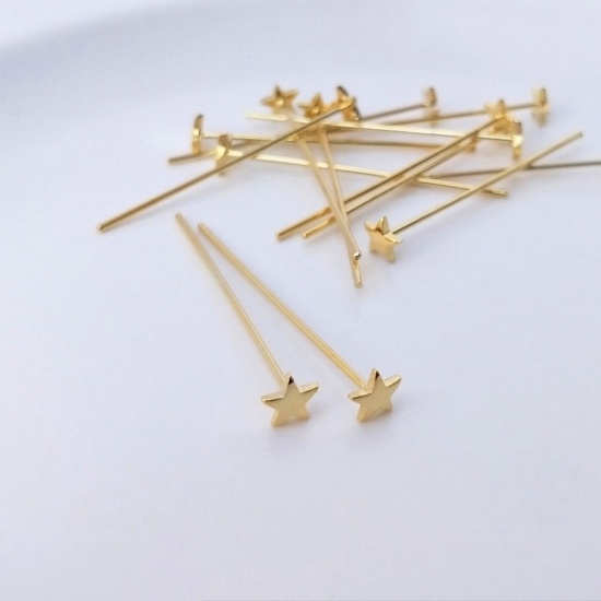 Picture of 10 PCs 0.7mm Eco-friendly Brass Head Pins Star 14K Real Gold Plated 3cm(1 1/8") long