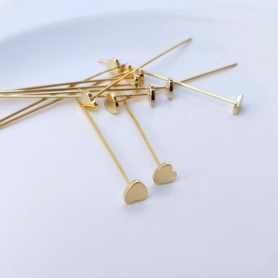 Picture of 10 PCs 0.7mm Eco-friendly Brass Head Pins Heart 14K Real Gold Plated 3cm(1 1/8") long