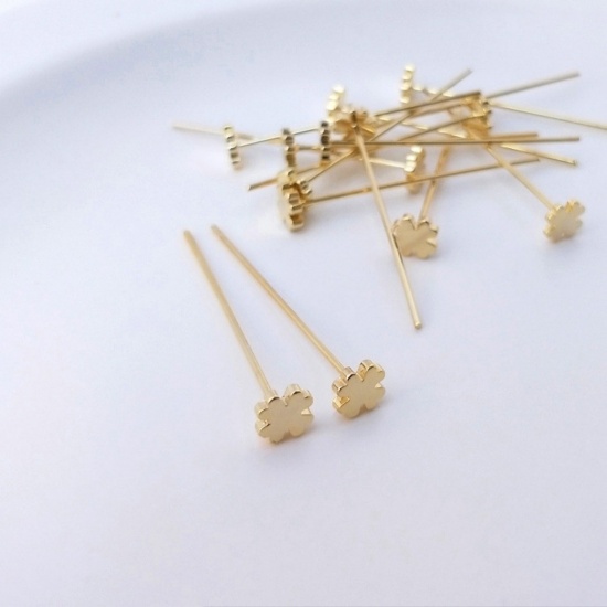 Picture of 10 PCs 0.7mm Eco-friendly Brass Head Pins Four Leaf Clover 14K Real Gold Plated 3cm(1 1/8") long