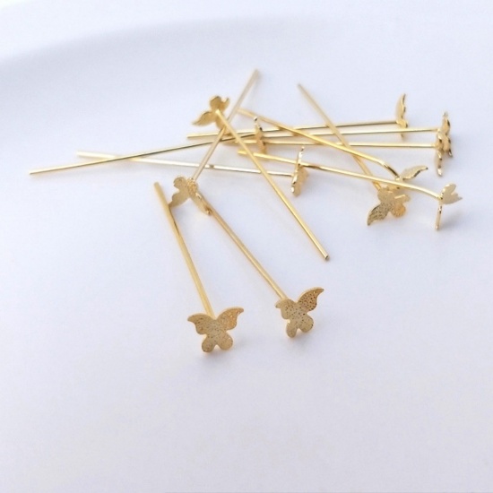 Picture of 10 PCs 0.7mm Eco-friendly Brass Head Pins Butterfly Animal 14K Real Gold Plated 3cm(1 1/8") long