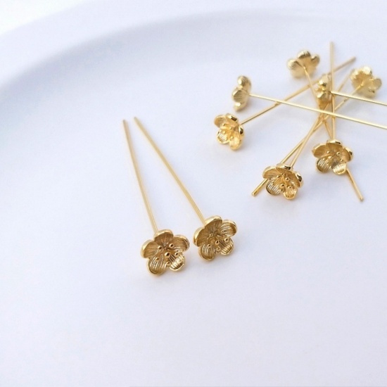 Picture of 10 PCs 0.7mm Eco-friendly Brass Head Pins Flower 14K Real Gold Plated 3cm(1 1/8") long