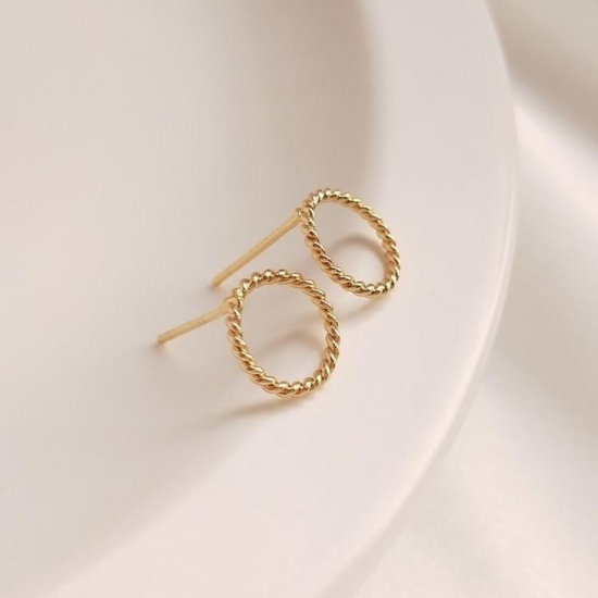 Picture of 1 Pair Eco-friendly Brass Ear Post Stud Earrings 14K Real Gold Plated Circle Ring Texture 10mm Dia.