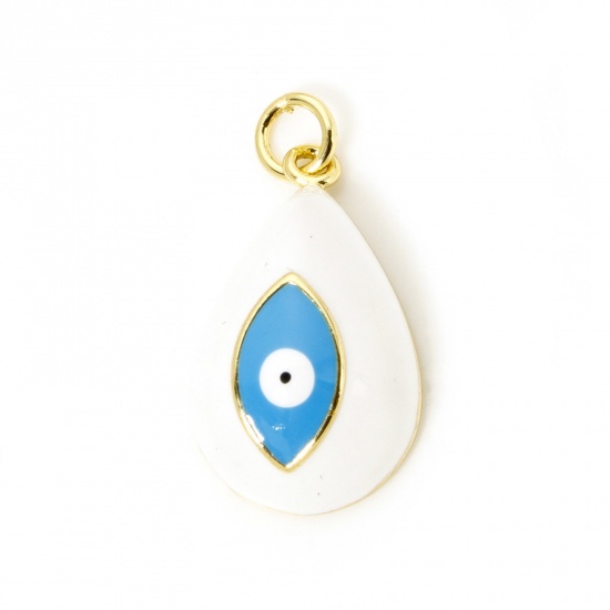 Picture of 1 Piece Eco-friendly Brass Religious Charms 18K Real Gold Plated White Drop Evil Eye Enamel 24mm x 13mm