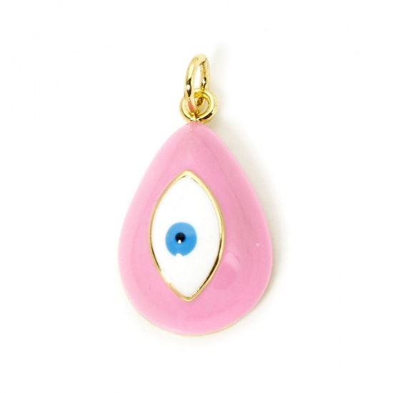 Picture of 1 Piece Eco-friendly Brass Religious Charms 18K Real Gold Plated Pink Drop Evil Eye Enamel 24mm x 13mm