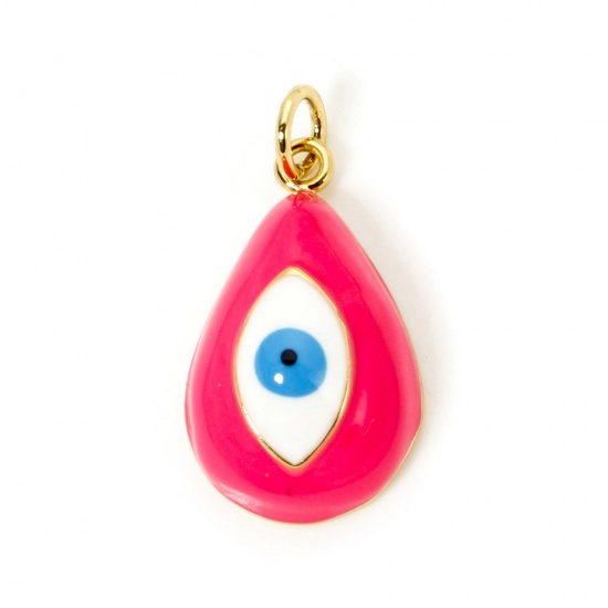 Picture of 1 Piece Eco-friendly Brass Religious Charms 18K Real Gold Plated Hot Pink Drop Evil Eye Enamel 24mm x 13mm