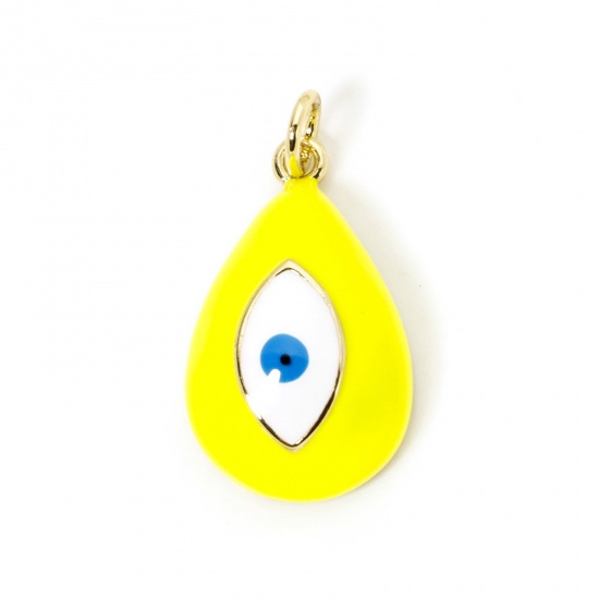 Picture of 1 Piece Eco-friendly Brass Religious Charms 18K Real Gold Plated Yellow Drop Evil Eye Enamel 24mm x 13mm