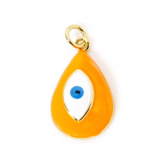 Picture of 1 Piece Eco-friendly Brass Religious Charms 18K Real Gold Plated Orange Drop Evil Eye Enamel 24mm x 13mm