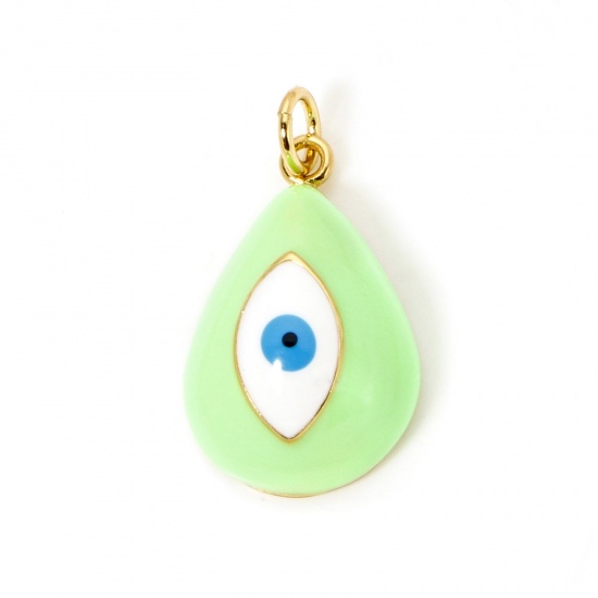 Picture of 1 Piece Eco-friendly Brass Religious Charms 18K Real Gold Plated Green Drop Evil Eye Enamel 24mm x 13mm