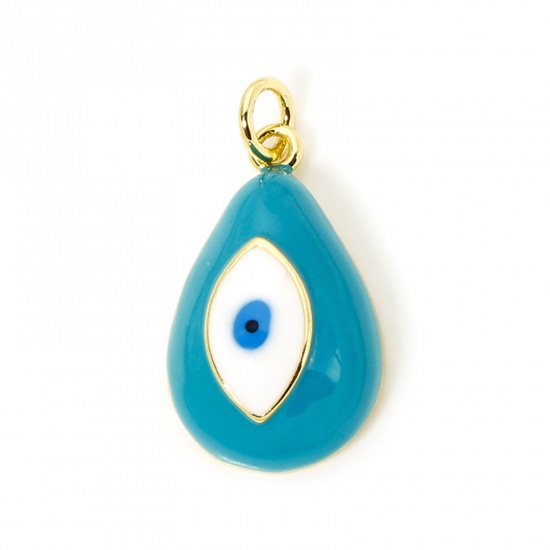 Picture of 1 Piece Eco-friendly Brass Religious Charms 18K Real Gold Plated Green Blue Drop Evil Eye Enamel 24mm x 13mm