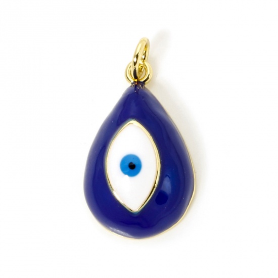 Picture of 1 Piece Eco-friendly Brass Religious Charms 18K Real Gold Plated Dark Blue Drop Evil Eye Enamel 24mm x 13mm