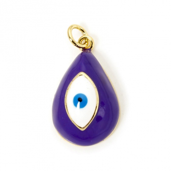 Picture of 1 Piece Eco-friendly Brass Religious Charms 18K Real Gold Plated Purple Drop Evil Eye Enamel 24mm x 13mm