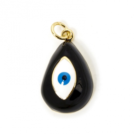 Picture of 1 Piece Eco-friendly Brass Religious Charms 18K Real Gold Plated Black Drop Evil Eye Enamel 24mm x 13mm