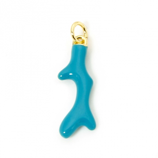 Image de 1 Pièce Breloques Bijoux d'Océan en Laiton Respectueux de la Nature Corail Plaqué Or Véritable 18K Bleu-Vert Émail 25mm x 7.5mm