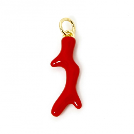Image de 1 Pièce Breloques Bijoux d'Océan en Laiton Respectueux de la Nature Corail Plaqué Or Véritable 18K Rouge Émail 25mm x 7.5mm
