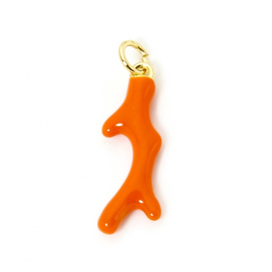 Image de 1 Pièce Breloques Bijoux d'Océan en Laiton Respectueux de la Nature Corail Plaqué Or Véritable 18K Orange Émail 25mm x 7.5mm