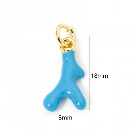 Image de 1 Pièce Breloques Bijoux d'Océan en Laiton Respectueux de la Nature Corail Plaqué Or Véritable 18K Bleu Émail 18mm x 8mm