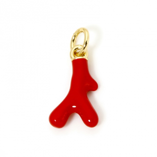 Image de 1 Pièce Breloques Bijoux d'Océan en Laiton Respectueux de la Nature Corail Plaqué Or Véritable 18K Rouge Émail 18mm x 8mm