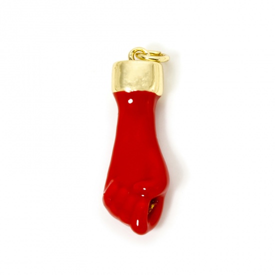 Image de 1 Pièce Breloques en Laiton Respectueux de la Nature Geste de la Main Plaqué Or Véritable 18K Rouge Émail 30mm x 9mm