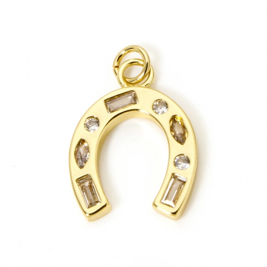 Picture of 1 Piece Eco-friendly Brass West Cowboy Charms 18K Real Gold Plated Luck Horseshoe Clear Cubic Zirconia 24mm x 15.5mm