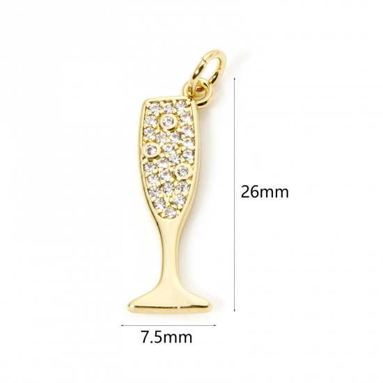 Picture of 1 Piece Eco-friendly Brass Charms 18K Real Gold Plated Tableware Cup Micro Pave Clear Cubic Zirconia 26mm x 7.5mm