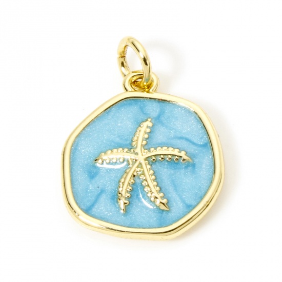 Picture of 1 Piece Eco-friendly Brass Ocean Jewelry Charms 18K Real Gold Plated Blue Pearlized Irregular Star Fish Enamel 20mm x 15mm