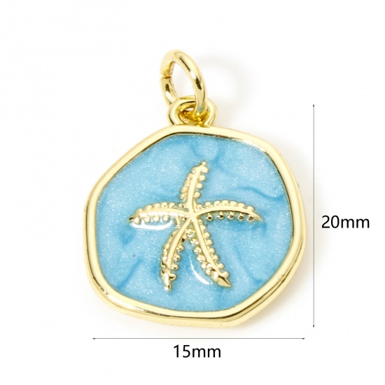 Picture of 1 Piece Eco-friendly Brass Ocean Jewelry Charms 18K Real Gold Plated Blue Pearlized Irregular Star Fish Enamel 20mm x 15mm