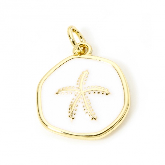 Picture of 1 Piece Eco-friendly Brass Ocean Jewelry Charms 18K Real Gold Plated White Irregular Star Fish Enamel 20mm x 15mm