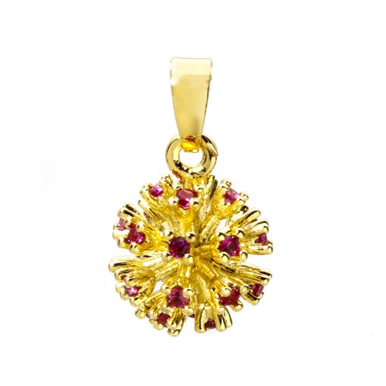 Picture of 2 PCs Eco-friendly Brass Charm Pendant 18K Real Gold Plated Fireworks 3D Fuchsia Cubic Zirconia 18mm x 11mm