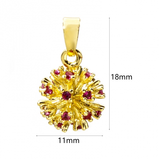 Picture of 2 PCs Eco-friendly Brass Charm Pendant 18K Real Gold Plated Fireworks 3D Fuchsia Cubic Zirconia 18mm x 11mm