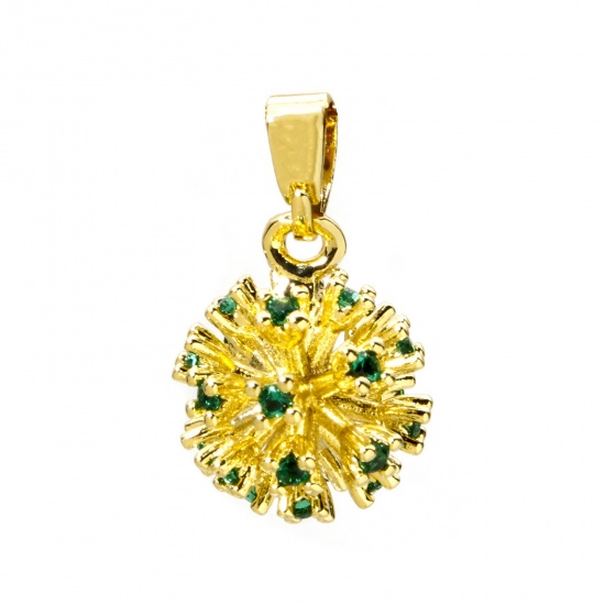 Picture of 2 PCs Eco-friendly Brass Charm Pendant 18K Real Gold Plated Fireworks 3D Green Cubic Zirconia 18mm x 11mm