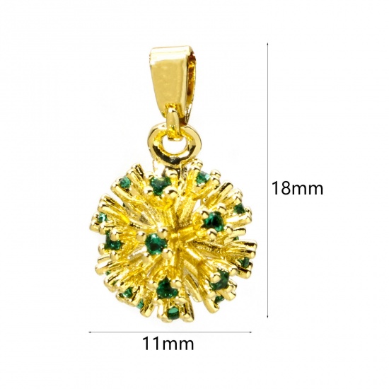 Picture of 2 PCs Eco-friendly Brass Charm Pendant 18K Real Gold Plated Fireworks 3D Green Cubic Zirconia 18mm x 11mm