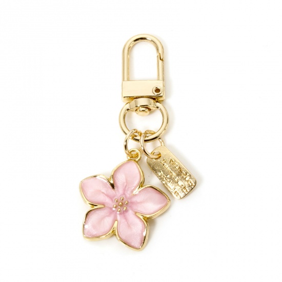 Immagine di 2 Pz Lega di Zinco Collezione Flora Anello Portachiavi Oro Placcato Rosa Fiore di Sakura Smalto 6.3cm x 2.5cm