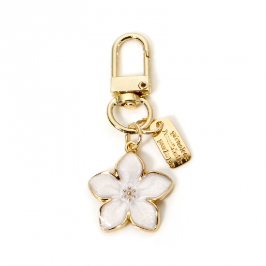 Immagine di 2 Pz Lega di Zinco Collezione Flora Anello Portachiavi Oro Placcato Bianco Fiore di Sakura Smalto 6.3cm x 2.5cm