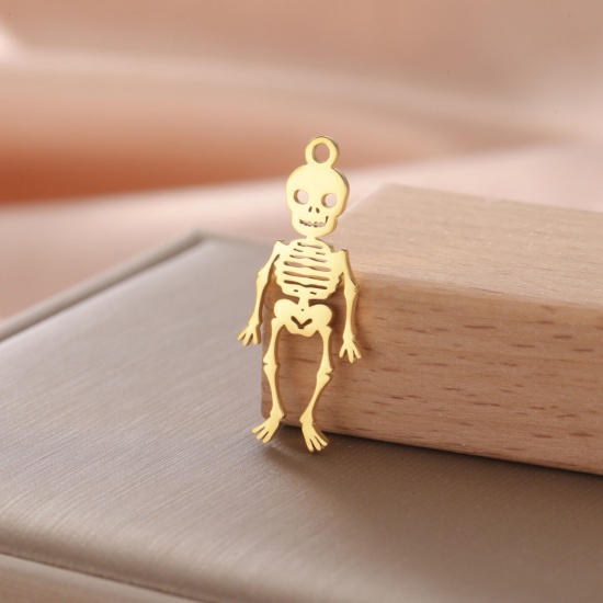 Image de 1 Pièce Breloques en 304 Acier Inoxydable Halloween Doré Squelette Humain 26mm x 12mm