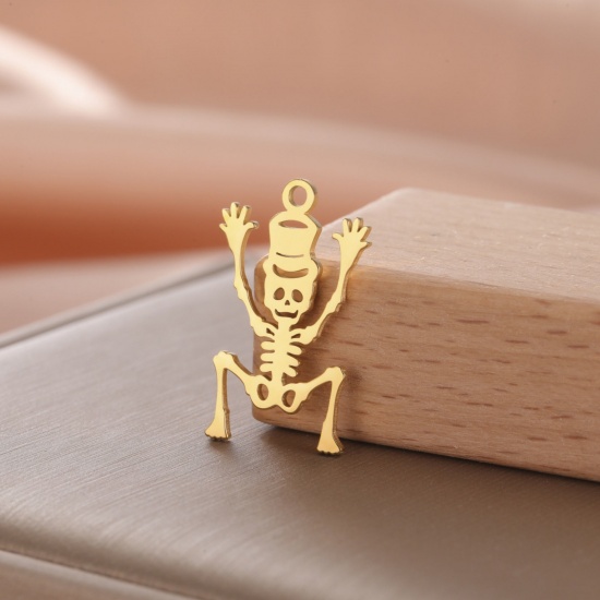 Image de 1 Pièce Breloques en 304 Acier Inoxydable Halloween Doré Squelette Humain 26mm x 12mm
