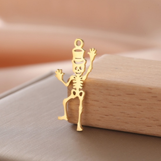 Image de 1 Pièce Breloques en 304 Acier Inoxydable Halloween Doré Squelette Humain 26mm x 12mm