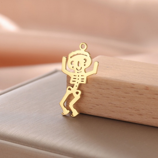 Image de 1 Pièce Breloques en 304 Acier Inoxydable Halloween Doré Squelette Humain 26mm x 12mm