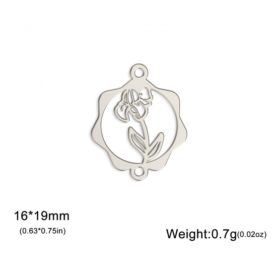 Picture of 1 Piece 304 Stainless Steel Birth Month Flower Connectors Charms Pendants Silver Tone February Iris Flower Hollow 16mm x 19mm