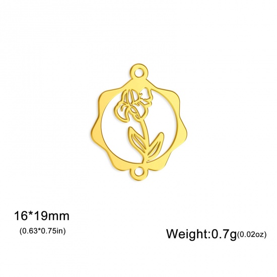 Picture of 1 Piece 304 Stainless Steel Birth Month Flower Connectors Charms Pendants Gold Plated February Iris Flower Hollow 16mm x 19mm