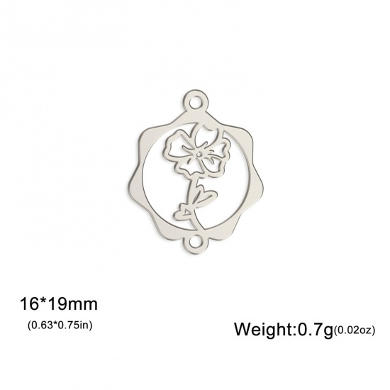 Picture of 1 Piece 304 Stainless Steel Birth Month Flower Connectors Charms Pendants Silver Tone August Poppy Flower Hollow 16mm x 19mm