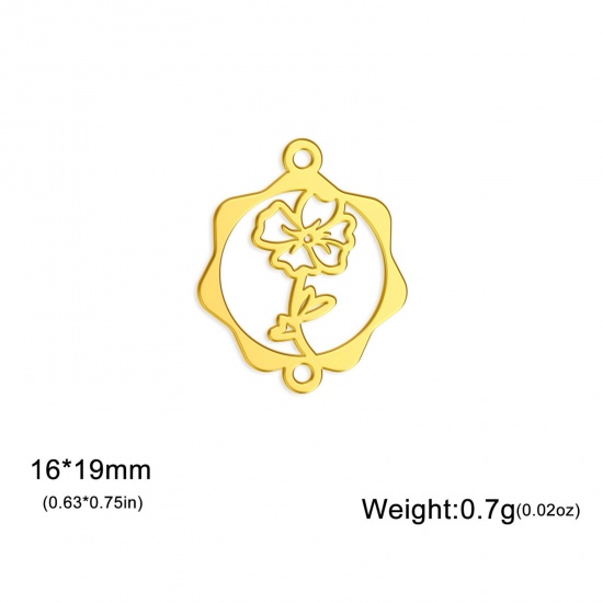 Picture of 1 Piece 304 Stainless Steel Birth Month Flower Connectors Charms Pendants Gold Plated August Poppy Flower Hollow 16mm x 19mm